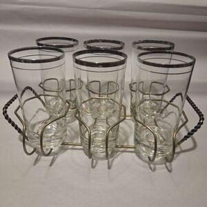 Vintage MCM Gold Rimmed Glass Set Of 6 with Metal Holder Pre-Owned